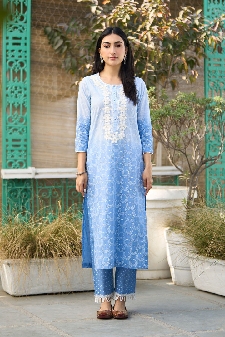 Ombre blue block printed straight kurta with palazzo and dupatta ( set of  3 )