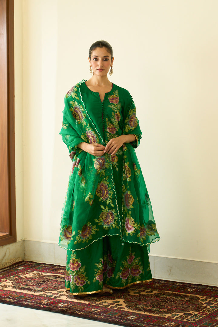 Saanjh Green Silk Handpainted Kurta Sharara And Dupatta ( Set Of 3)