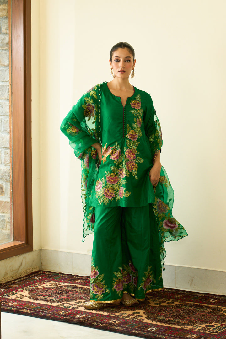 Saanjh Green Silk Handpainted Kurta Sharara And Dupatta ( Set Of 3)