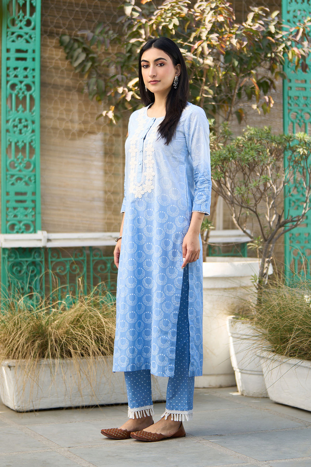 Ombre blue block printed straight kurta with palazzo and dupatta ( set of  3 )