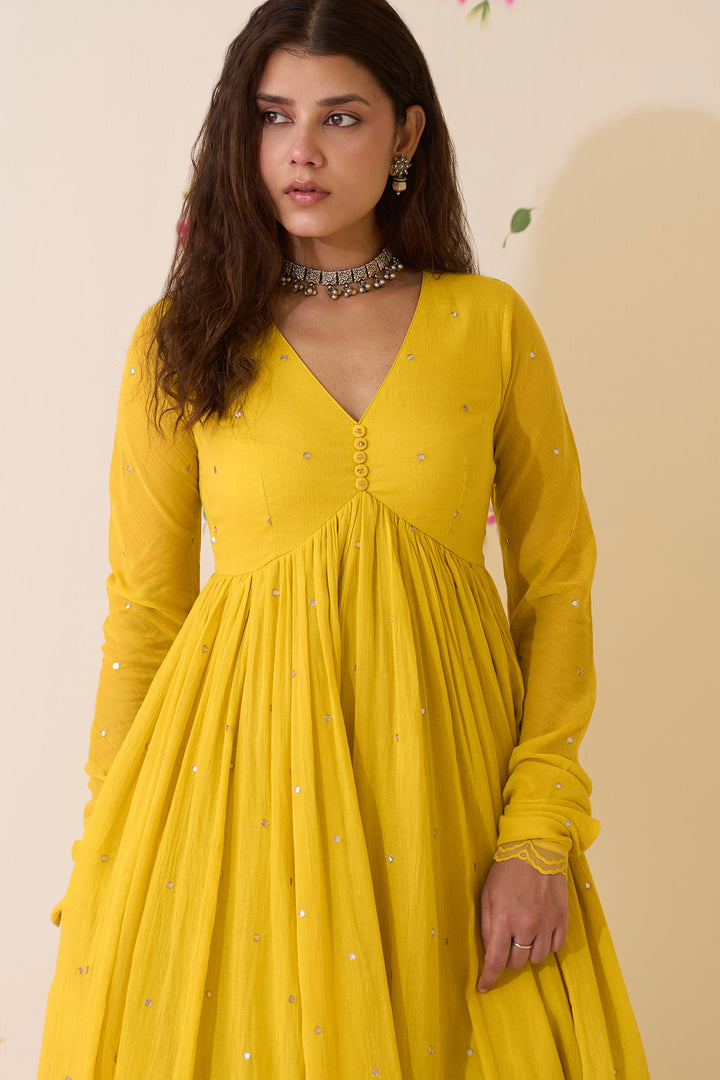 Mehraz Handpaint neon green v - neck anarkali with palazzo and dupatta ( set of 3 )