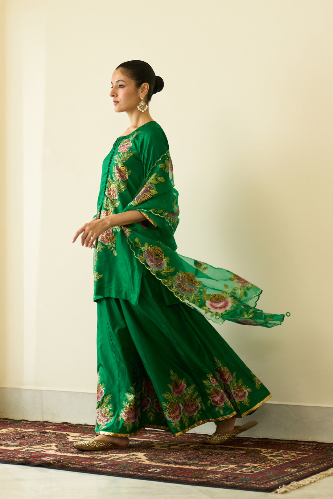 Saanjh Green Silk Handpainted Kurta Sharara And Dupatta ( Set Of 3)