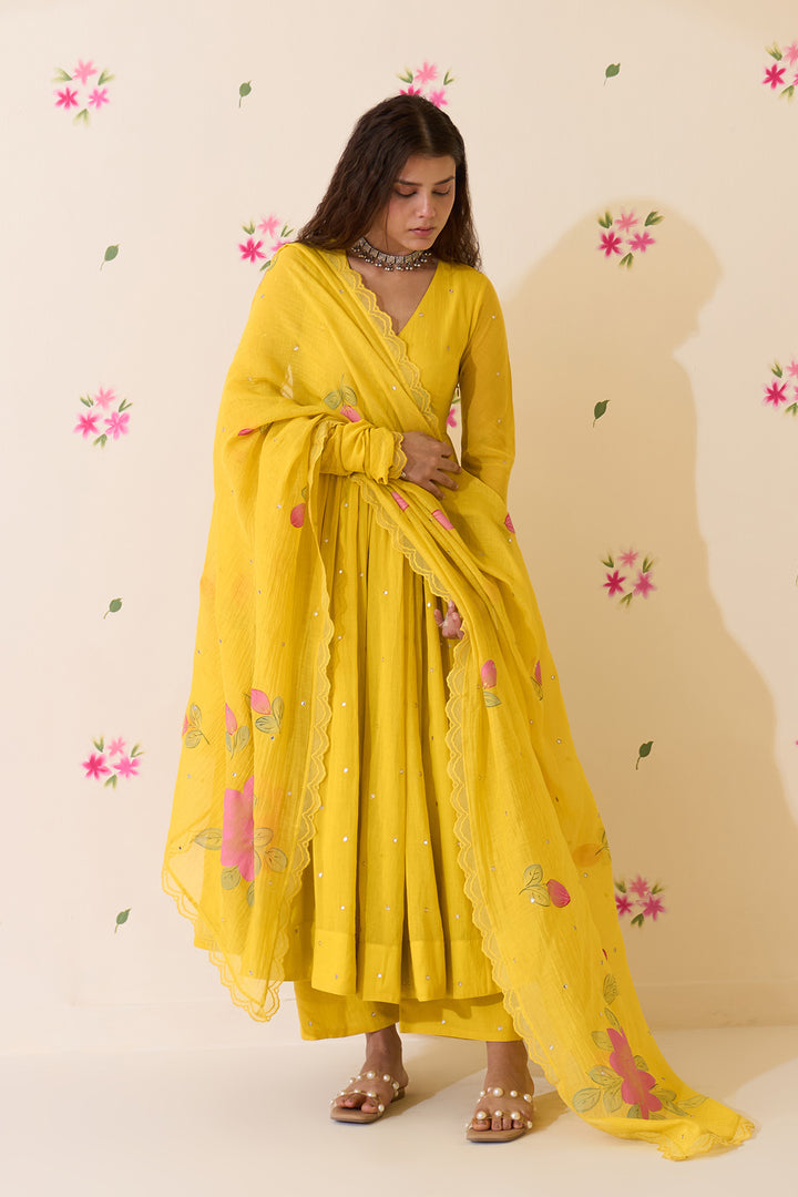 Mehraz Handpaint neon green v - neck anarkali with palazzo and dupatta ( set of 3 )