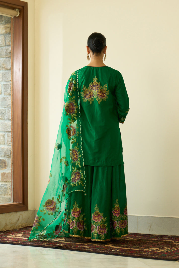 Saanjh Green Silk Handpainted Kurta Sharara And Dupatta ( Set Of 3)