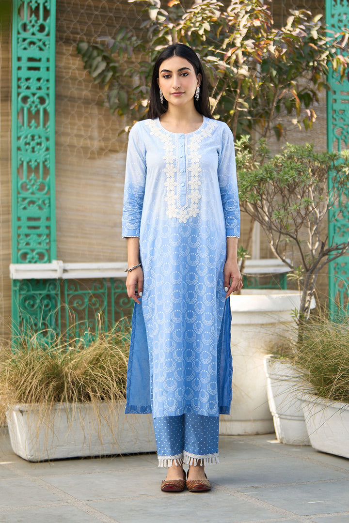 Ombre blue block printed straight kurta with palazzo and dupatta ( set of  3 )