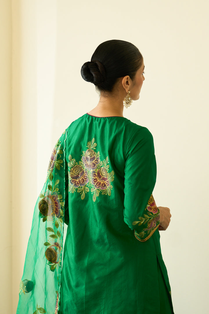 Saanjh Green Silk Handpainted Kurta Sharara And Dupatta ( Set Of 3)