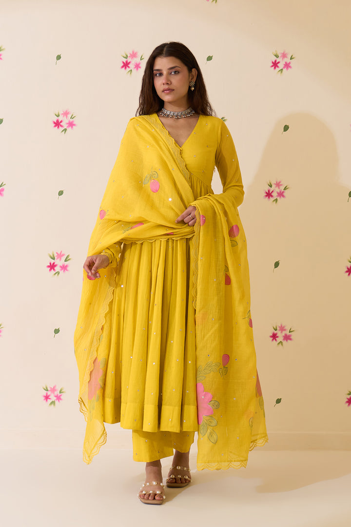Mehraz Handpaint neon green v - neck anarkali with palazzo and dupatta ( set of 3 )