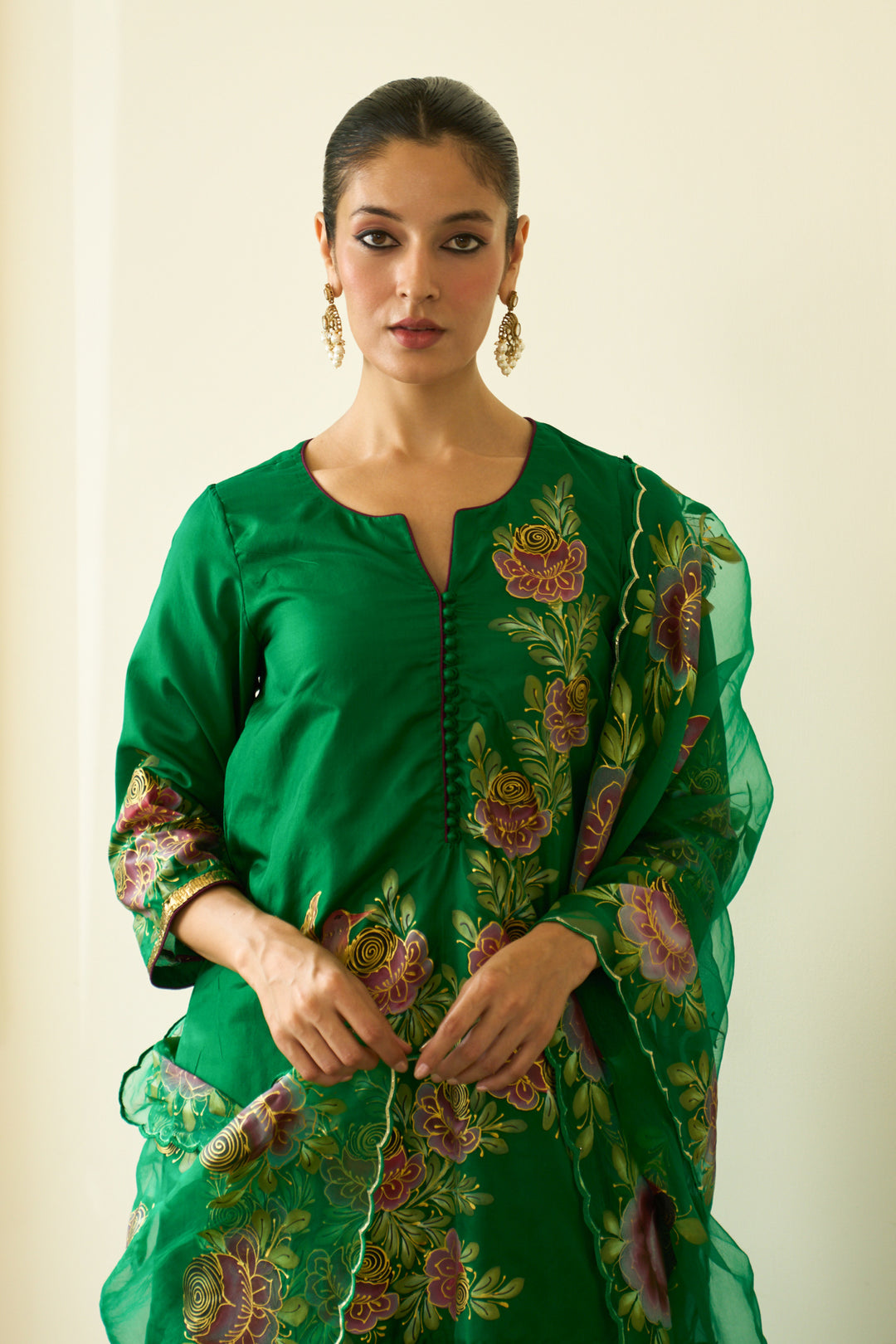 Saanjh Green Silk Handpainted Kurta Sharara And Dupatta ( Set Of 3)