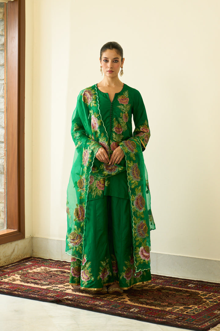 Saanjh Green Silk Handpainted Kurta Sharara And Dupatta ( Set Of 3)