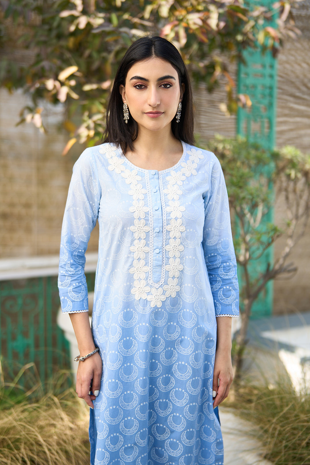Ombre blue block printed straight kurta with palazzo and dupatta ( set of  3 )