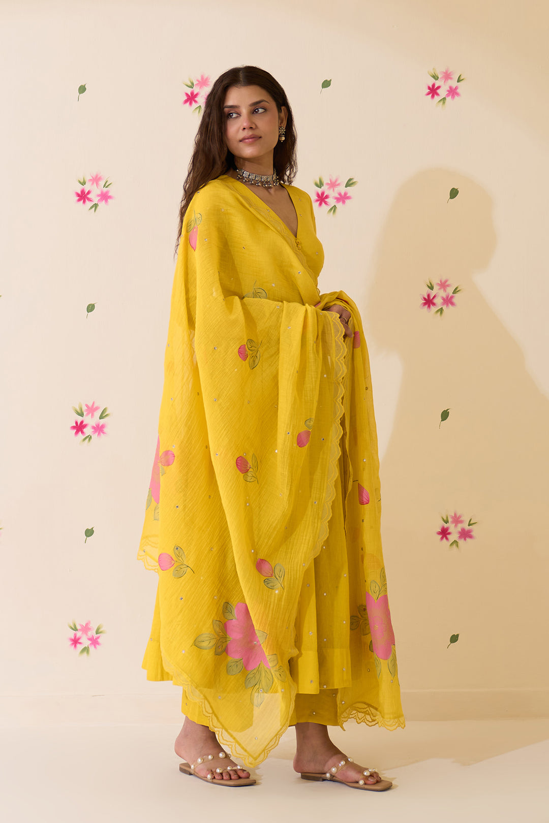 Mehraz Handpaint neon green v - neck anarkali with palazzo and dupatta ( set of 3 )