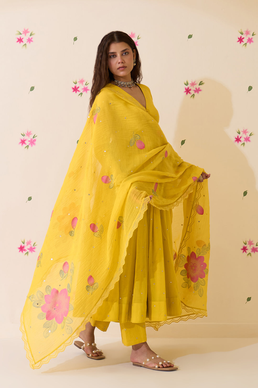 Mehraz Handpaint neon green v - neck anarkali with palazzo and dupatta ( set of 3 )
