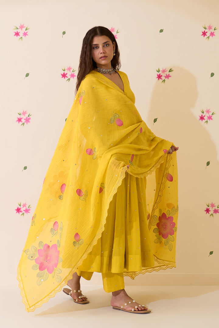 Mehraz Handpaint neon green v - neck anarkali with palazzo and dupatta ( set of 3 )