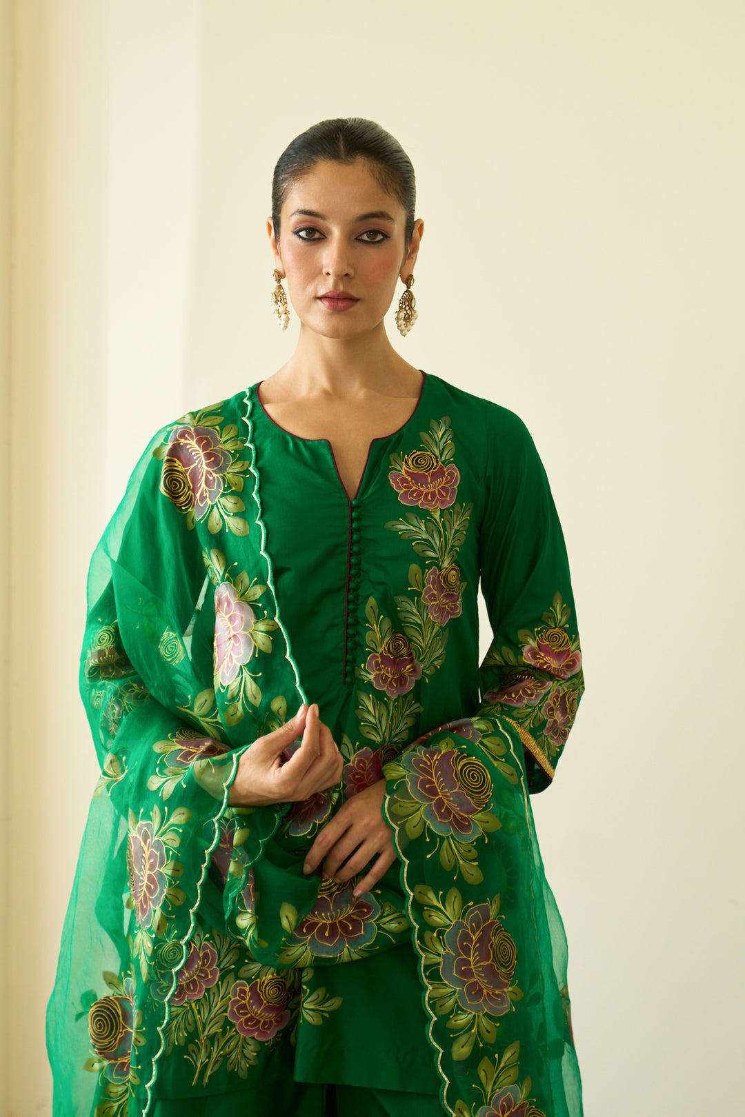 Saanjh Green Silk Handpainted Kurta Sharara And Dupatta ( Set Of 3)
