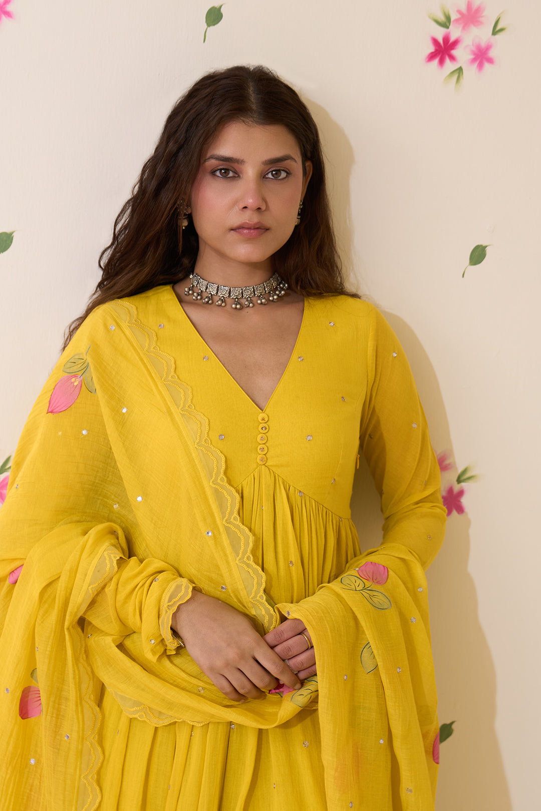 Mehraz Handpaint neon green v - neck anarkali with palazzo and dupatta ( set of 3 )