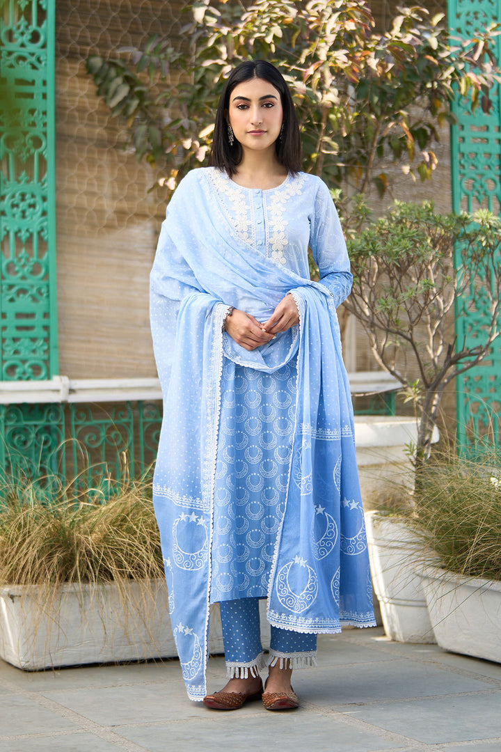 Ombre blue block printed straight kurta with palazzo and dupatta ( set of  3 )