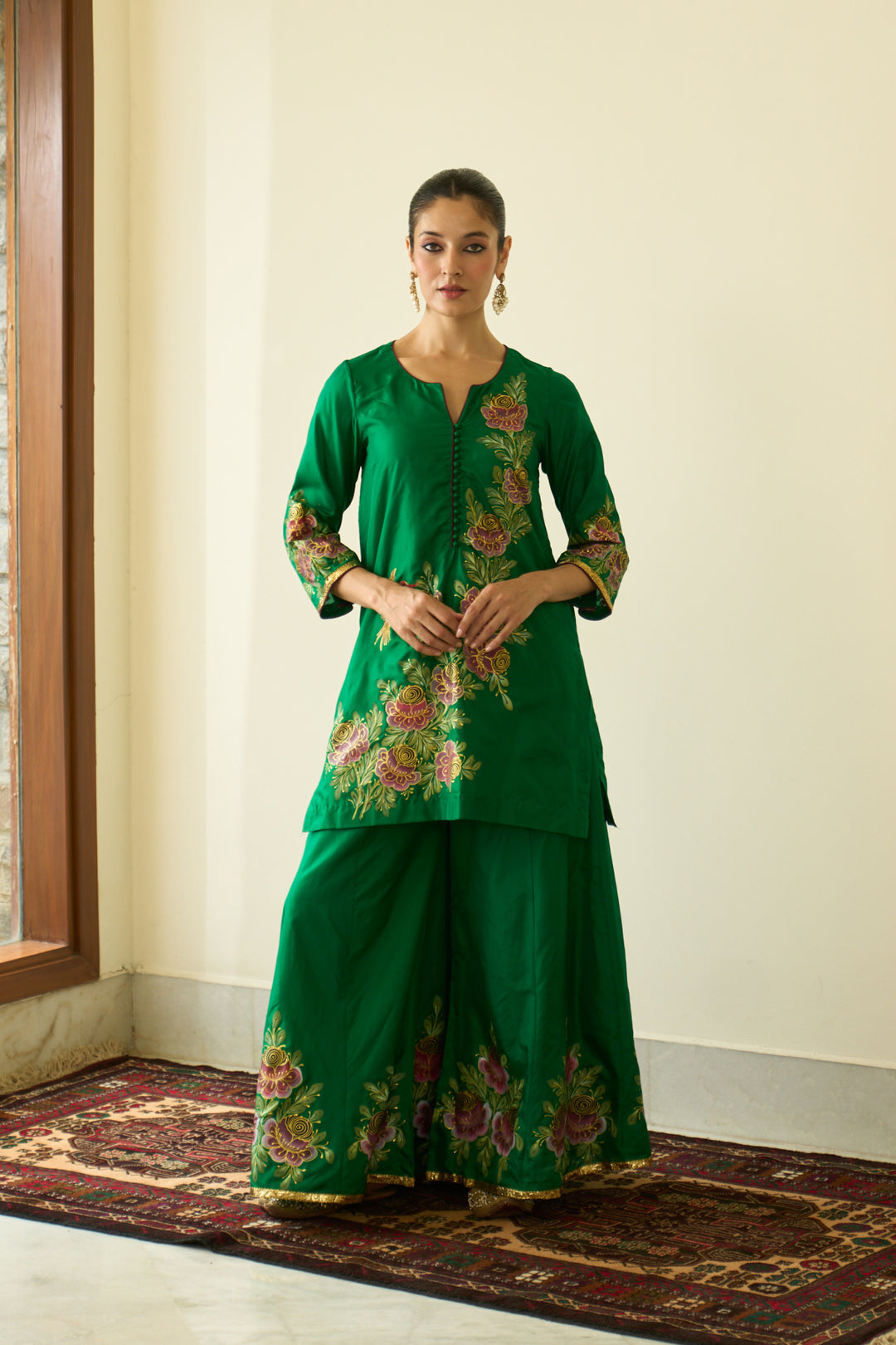 Saanjh Green Silk Handpainted Kurta Sharara And Dupatta ( Set Of 3)