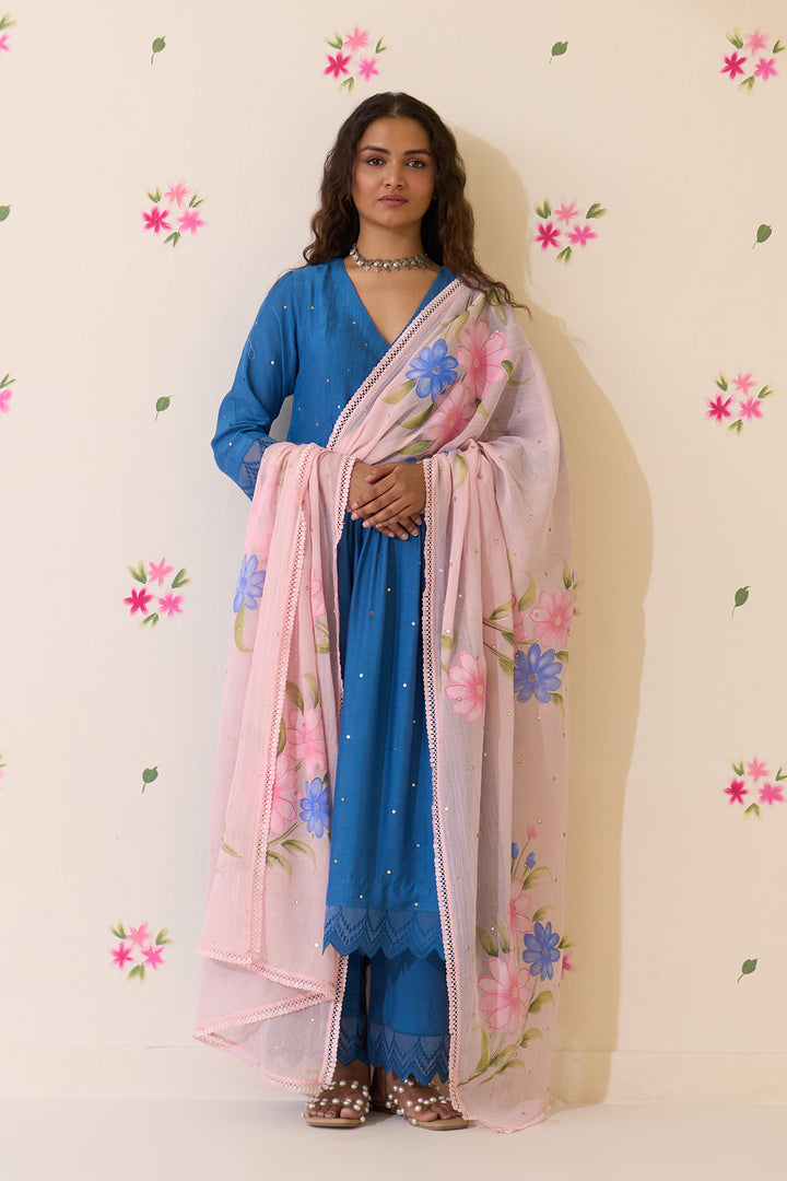 Mehraz Handpaint blue Mukaish  pintuck kurta with palaazo and dupatta ( set of 3 )