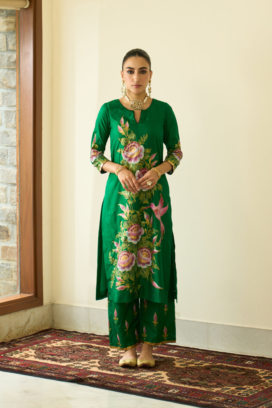Saanjh Green Lilac Silk Handpainted Straight Kurta With Palazzo And Dupatta ( Set Of 3)