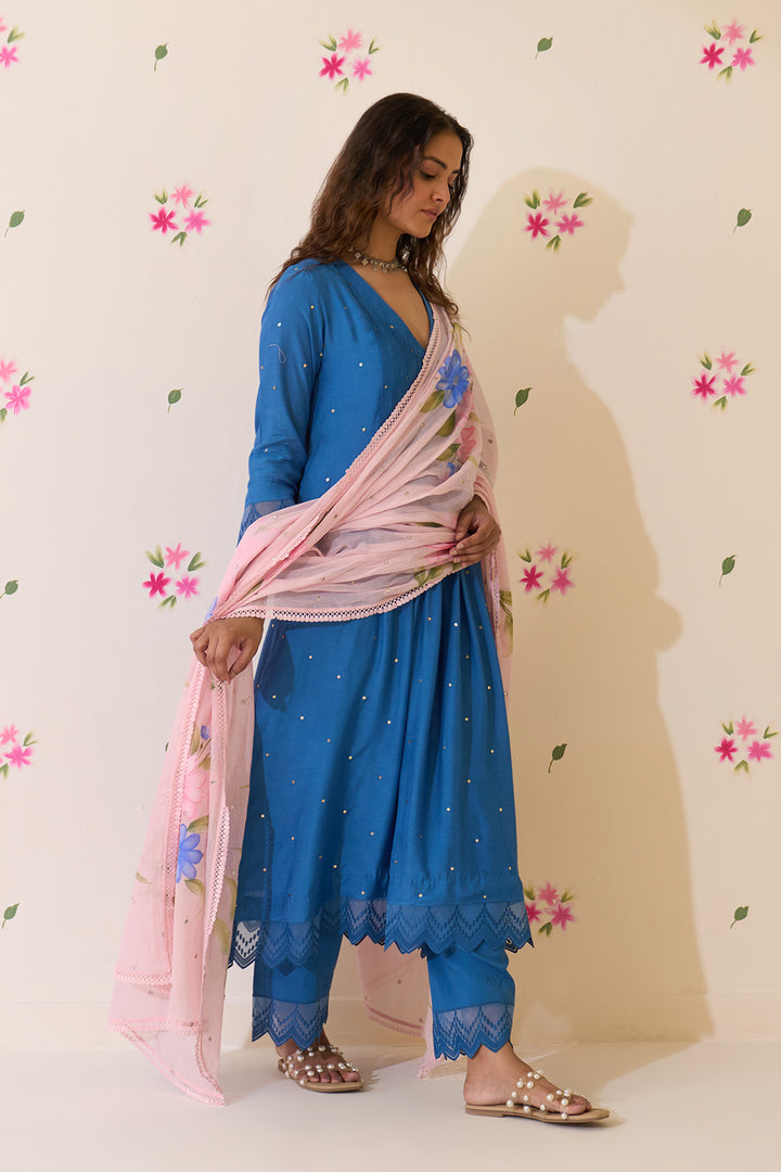 Mehraz Handpaint blue Mukaish  pintuck kurta with palaazo and dupatta ( set of 3 )