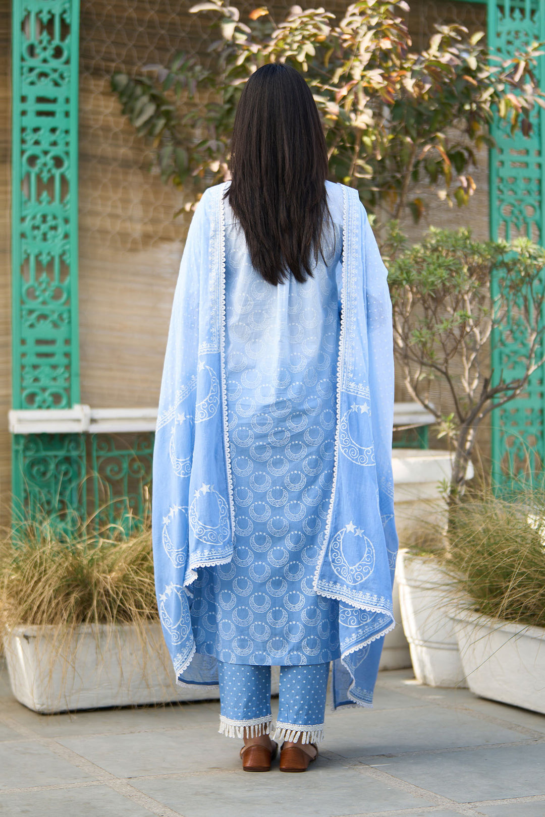 Ombre blue block printed straight kurta with palazzo and dupatta ( set of  3 )