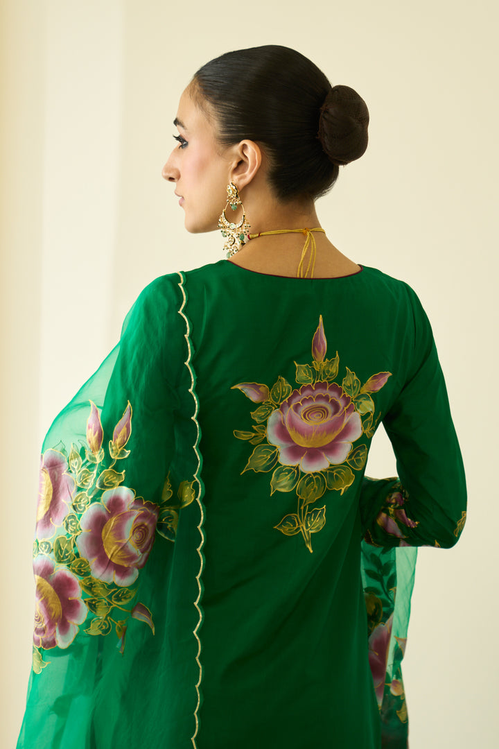 Saanjh Green Lilac Silk Handpainted Straight Kurta With Palazzo And Dupatta ( Set Of 3)