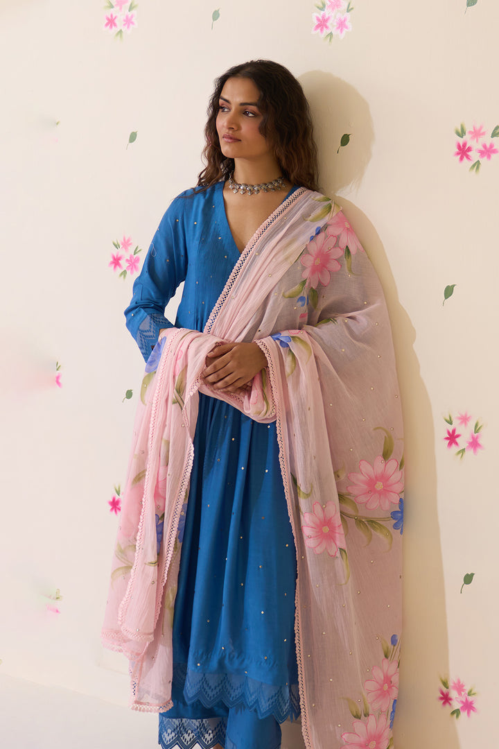 Mehraz Handpaint blue Mukaish  pintuck kurta with palaazo and dupatta ( set of 3 )