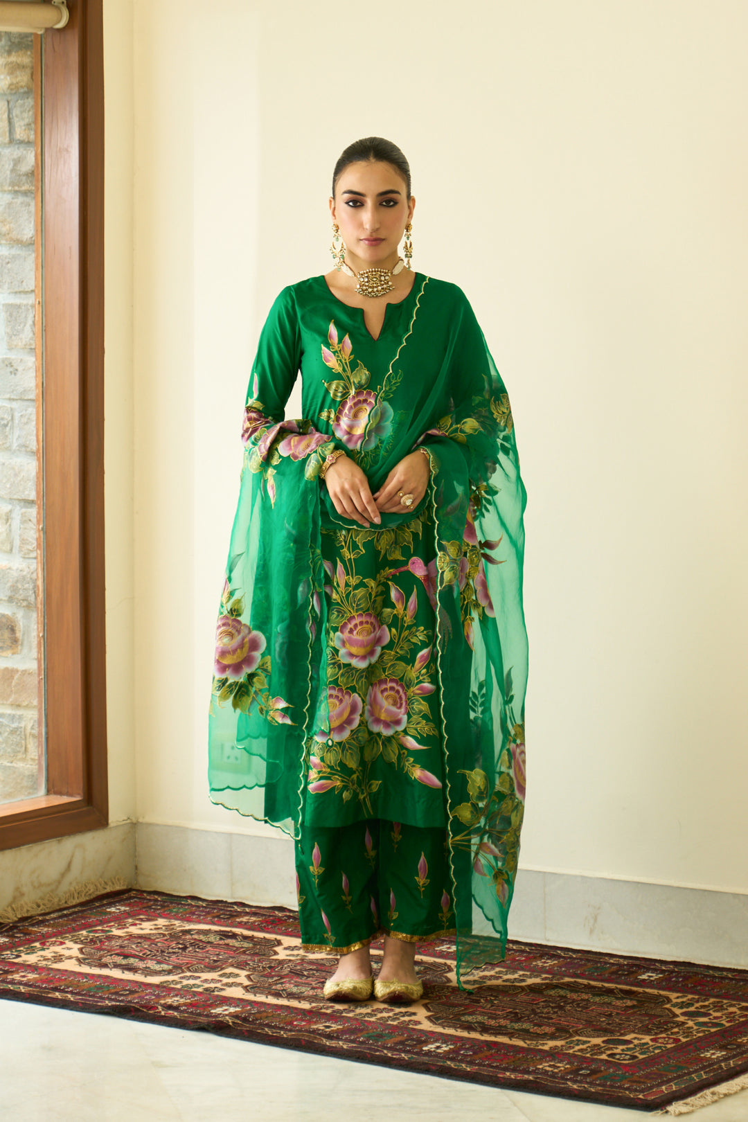 Saanjh Green Lilac Silk Handpainted Straight Kurta With Palazzo And Dupatta ( Set Of 3)