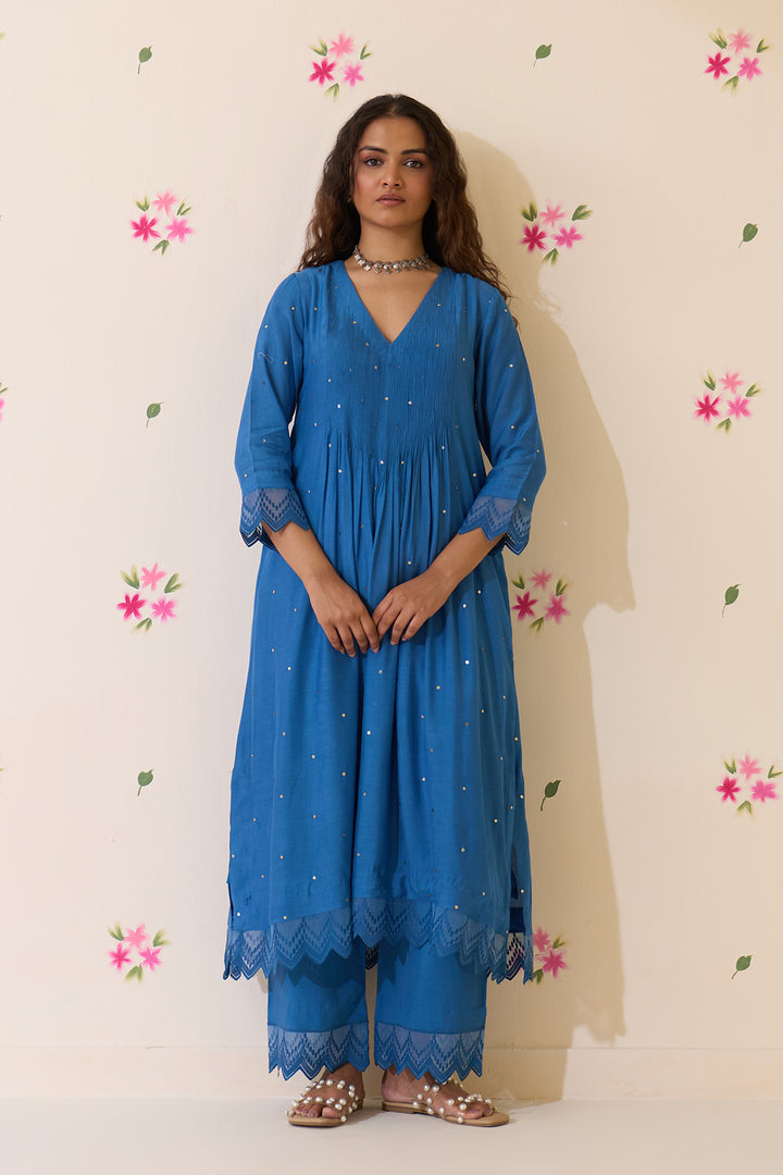 Mehraz Handpaint blue Mukaish  pintuck kurta with palaazo and dupatta ( set of 3 )
