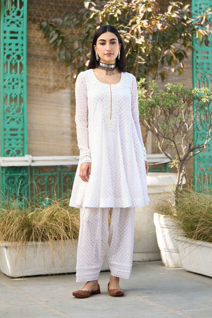 Ombre yellow block printed short anarkali with salwar and dupatta ( Set of 3 )