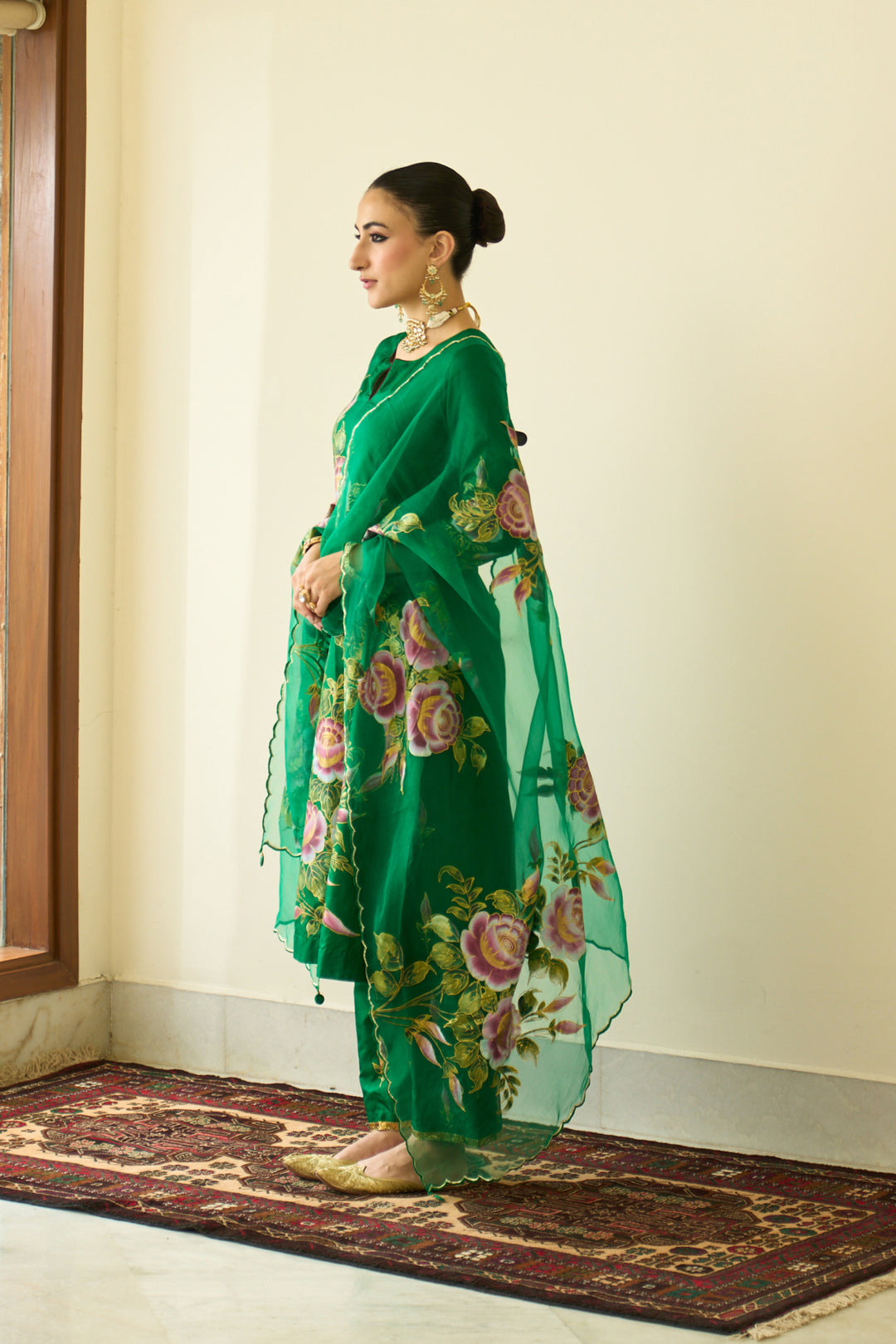 Saanjh Green Lilac Silk Handpainted Straight Kurta With Palazzo And Dupatta ( Set Of 3)