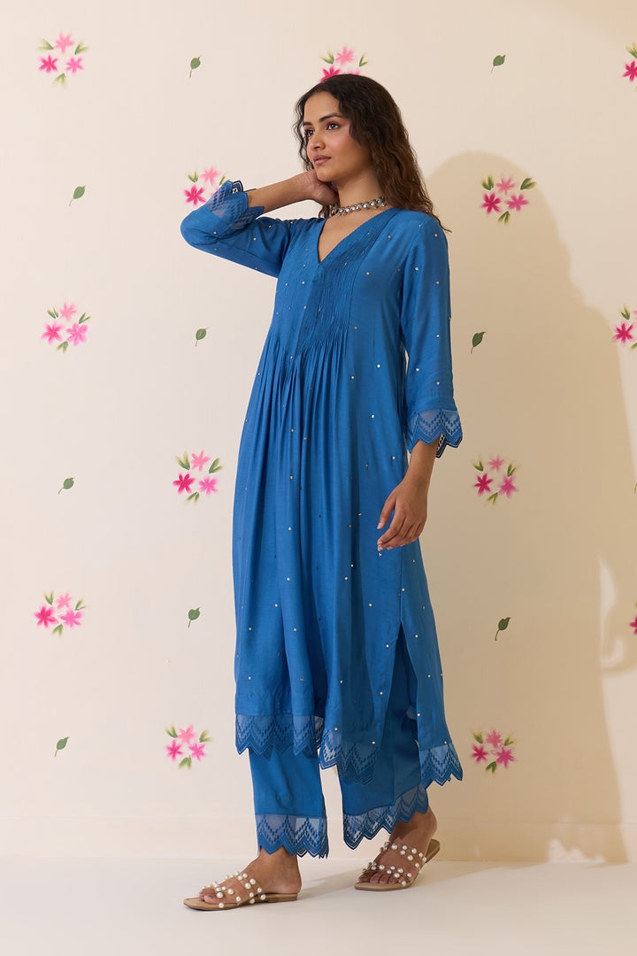 Mehraz Handpaint blue Mukaish  pintuck kurta with palaazo and dupatta ( set of 3 )