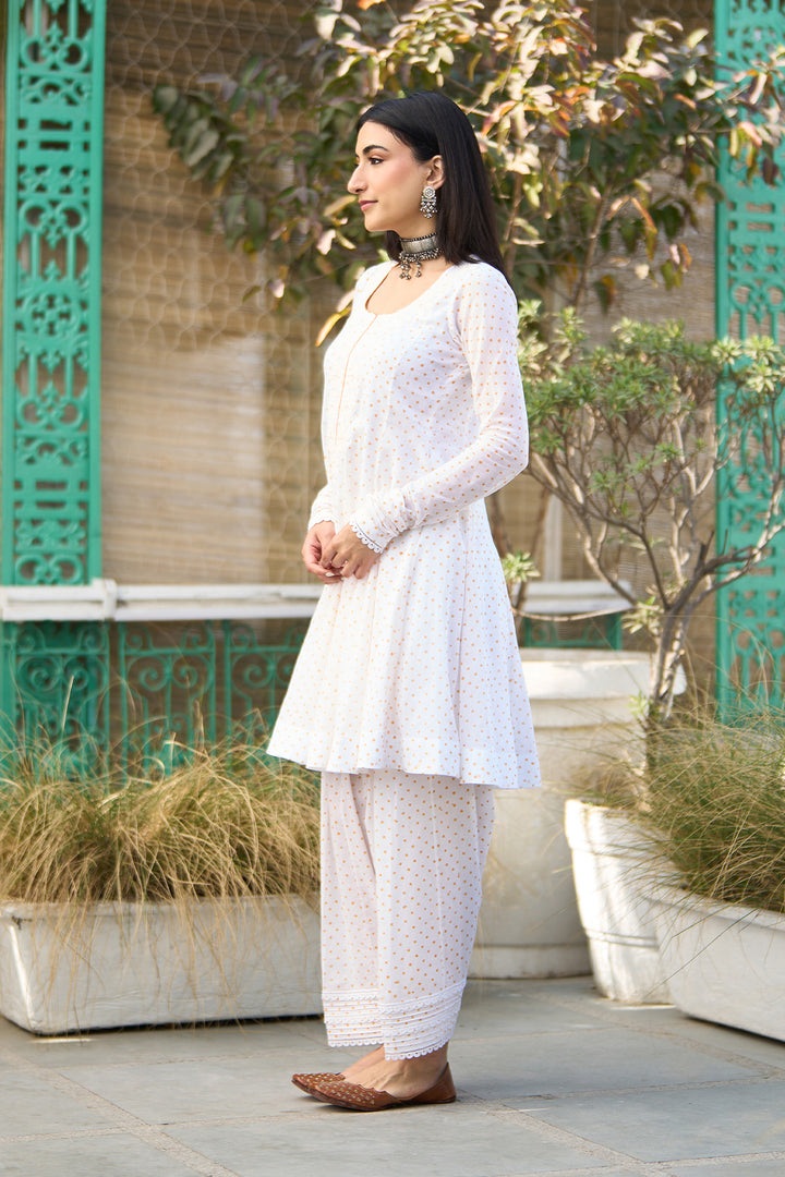 Ombre yellow block printed short anarkali with salwar and dupatta ( Set of 3 )