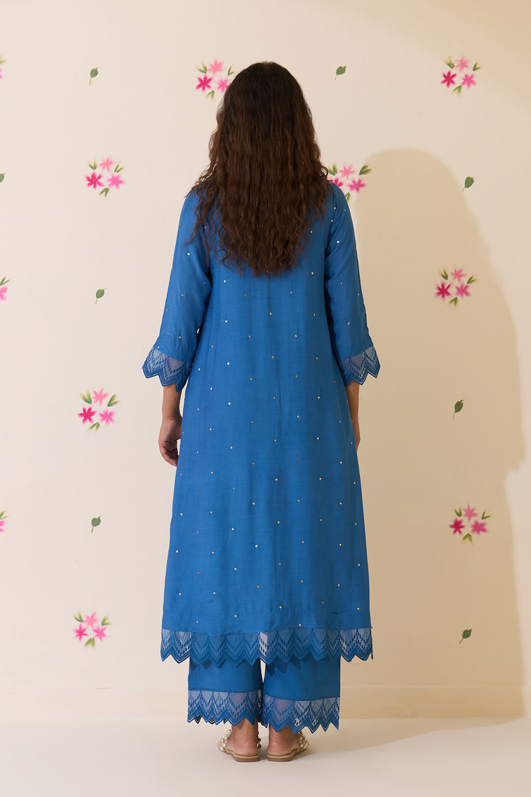 Mehraz Handpaint blue Mukaish  pintuck kurta with palaazo and dupatta ( set of 3 )