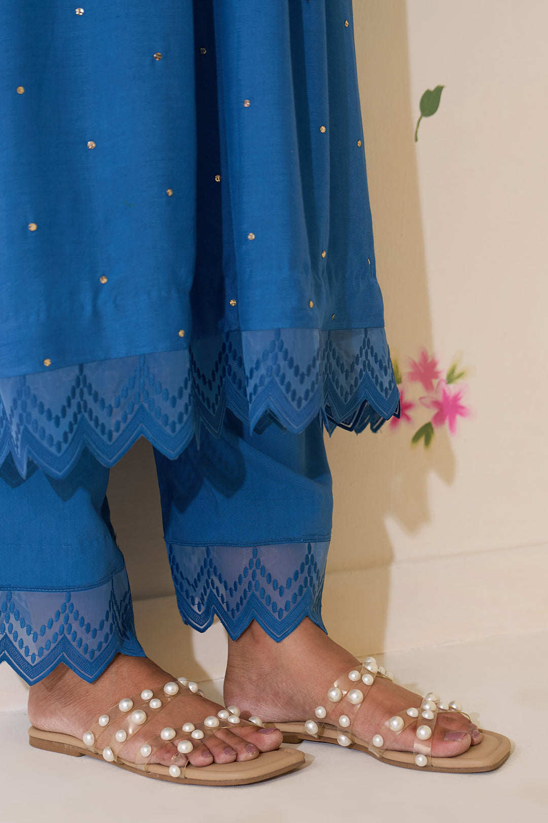 Mehraz Handpaint blue Mukaish  pintuck kurta with palaazo and dupatta ( set of 3 )