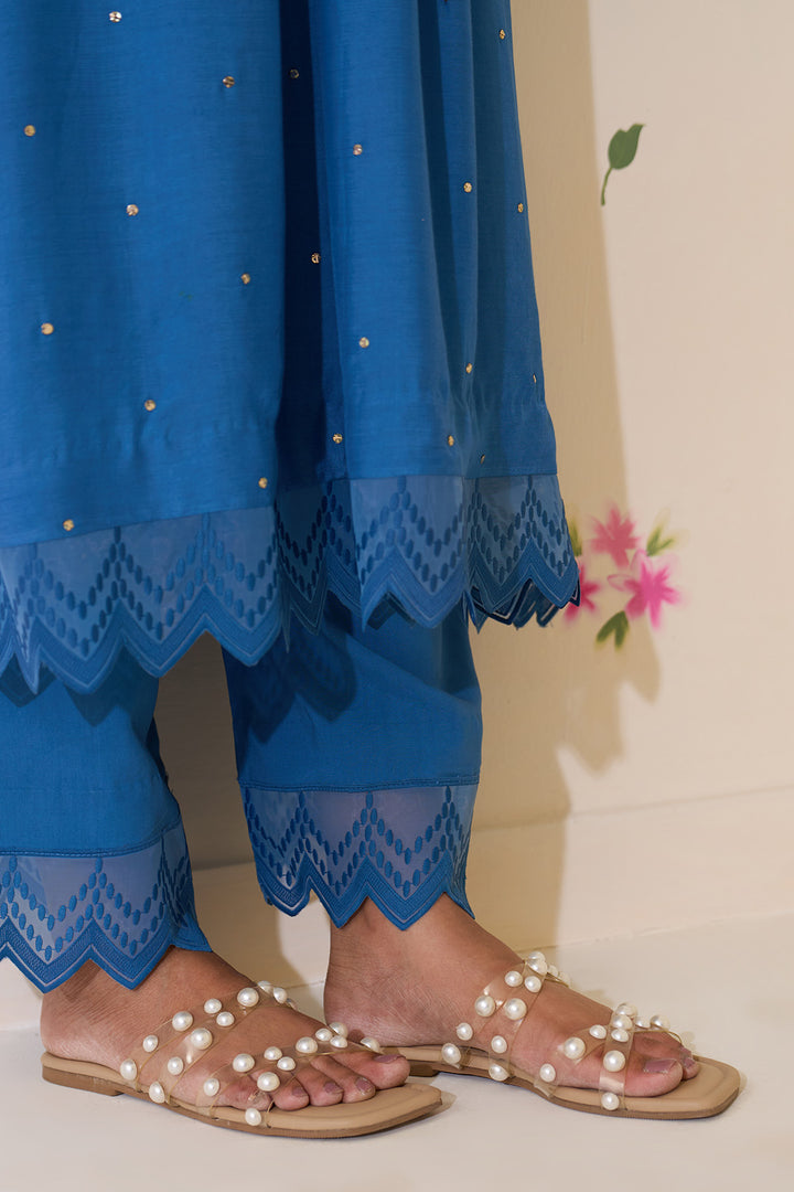 Mehraz Handpaint blue Mukaish  pintuck kurta with palaazo and dupatta ( set of 3 )