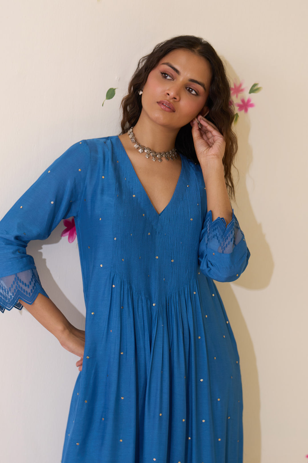 Mehraz Handpaint blue Mukaish  pintuck kurta with palaazo and dupatta ( set of 3 )