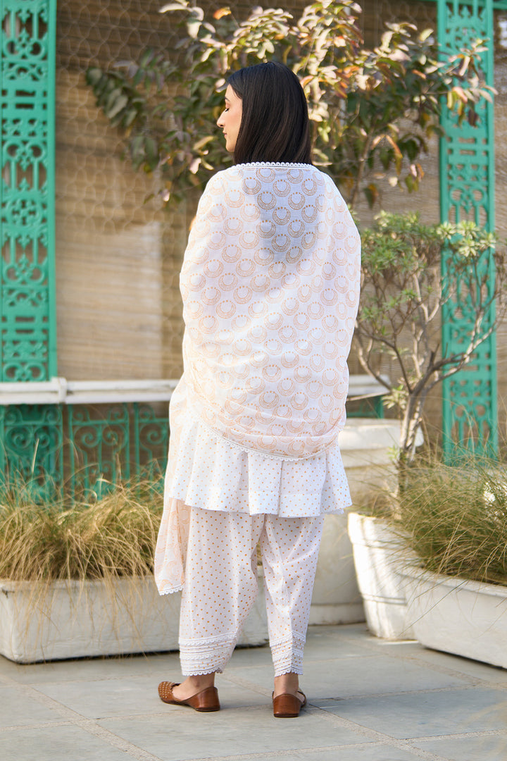 Ombre yellow block printed short anarkali with salwar and dupatta ( Set of 3 )