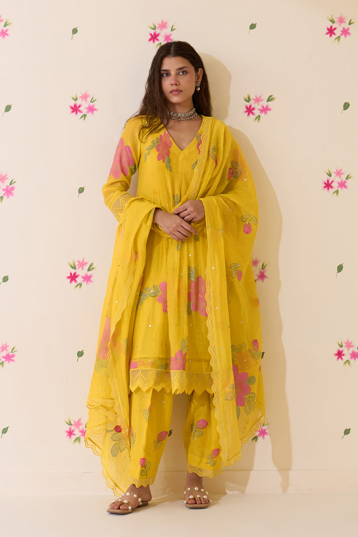 Mehraz Handpaint neon green pintuck kurta with salwar and dupatta (set of 3)