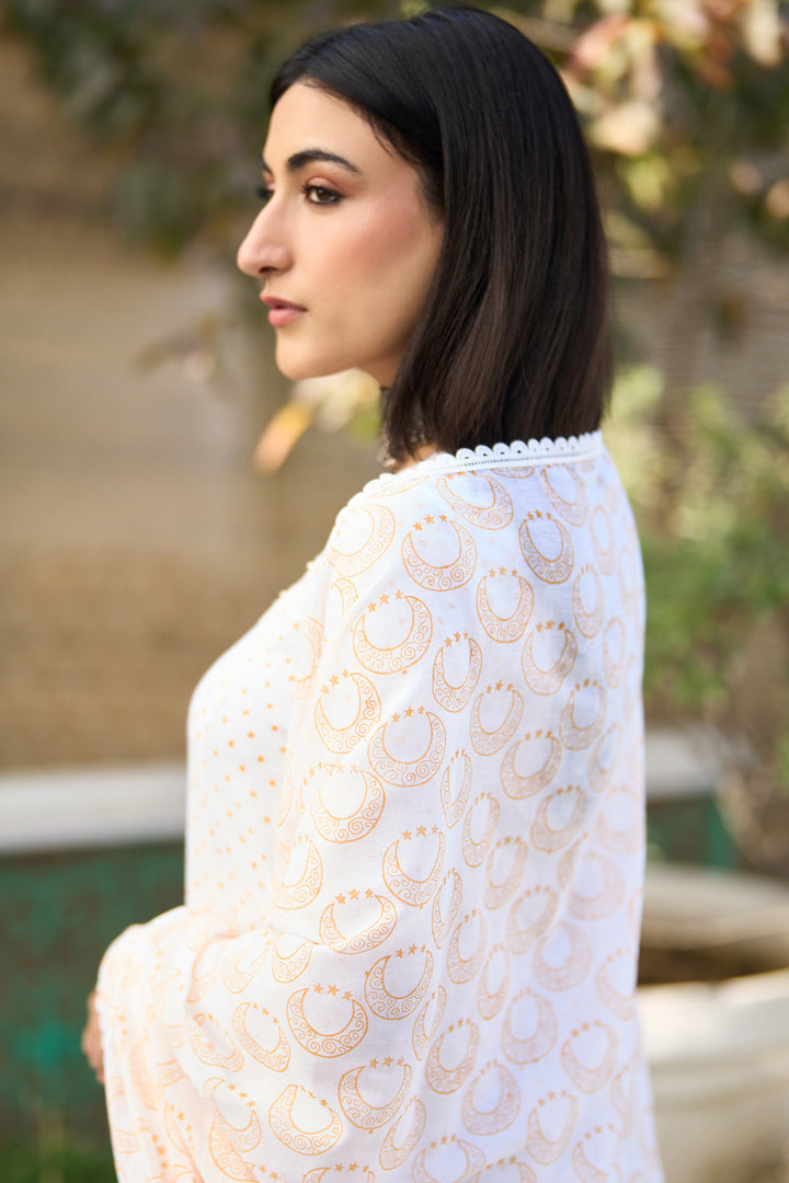 Ombre yellow block printed short anarkali with salwar and dupatta ( Set of 3 )