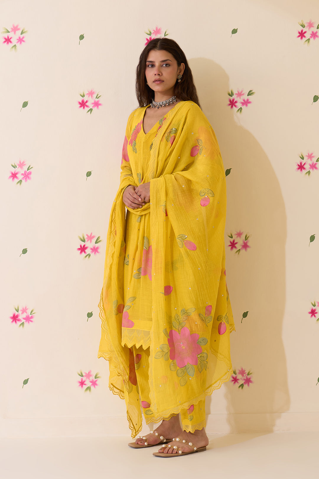 Mehraz Handpaint neon green pintuck kurta with salwar and dupatta (set of 3)