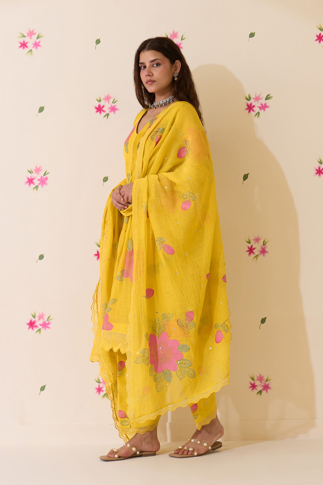 Mehraz Handpaint neon green pintuck kurta with salwar and dupatta (set of 3)