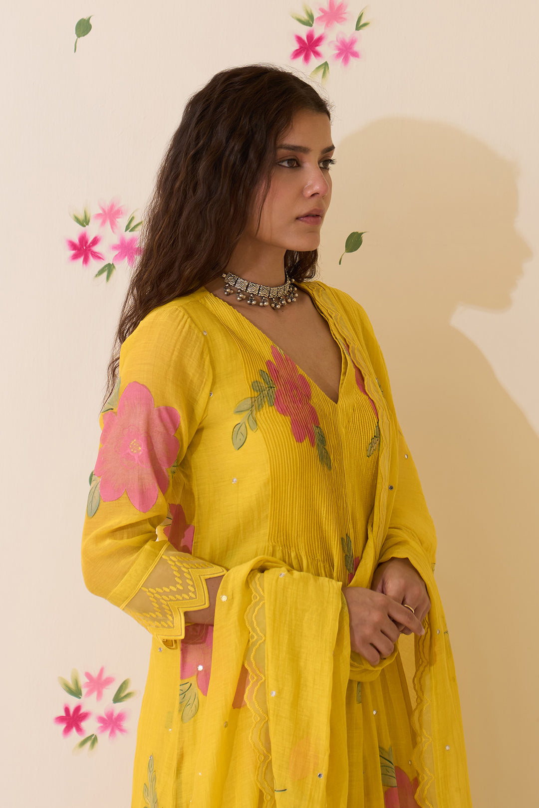 Mehraz Handpaint neon green pintuck kurta with salwar and dupatta (set of 3)