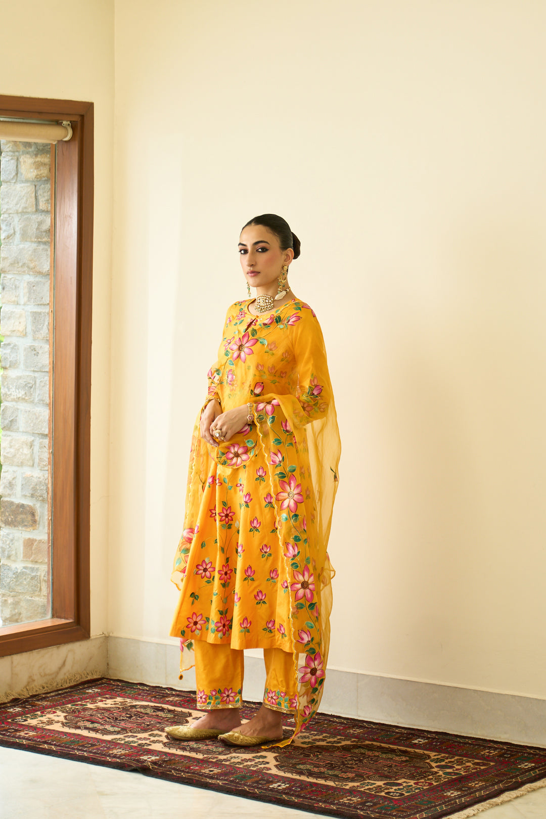 Saanjh Mustard Silk Handpainted Kalidar Kurta With Palazzo And Dupatta ( Set Of 3)