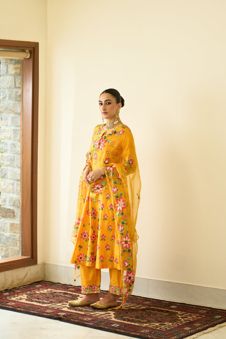 Saanjh Mustard Silk Handpainted Kalidar Kurta With Palazzo And Dupatta ( Set Of 3)