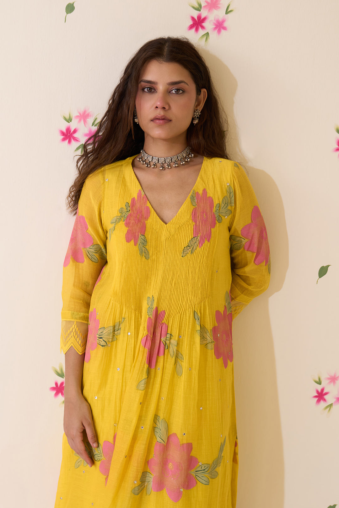 Mehraz Handpaint neon green pintuck kurta with salwar and dupatta (set of 3)