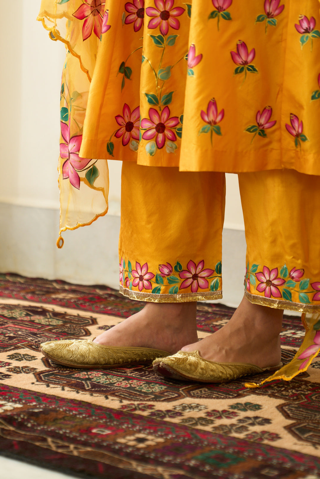Saanjh Mustard Silk Handpainted Kalidar Kurta With Palazzo And Dupatta ( Set Of 3)