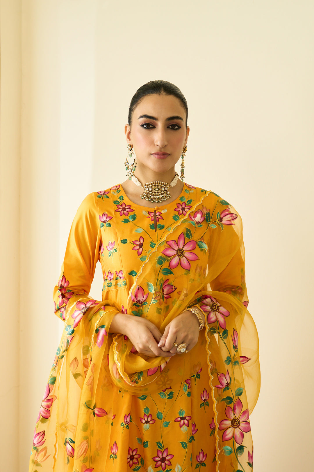 Saanjh Mustard Silk Handpainted Kalidar Kurta With Palazzo And Dupatta ( Set Of 3)