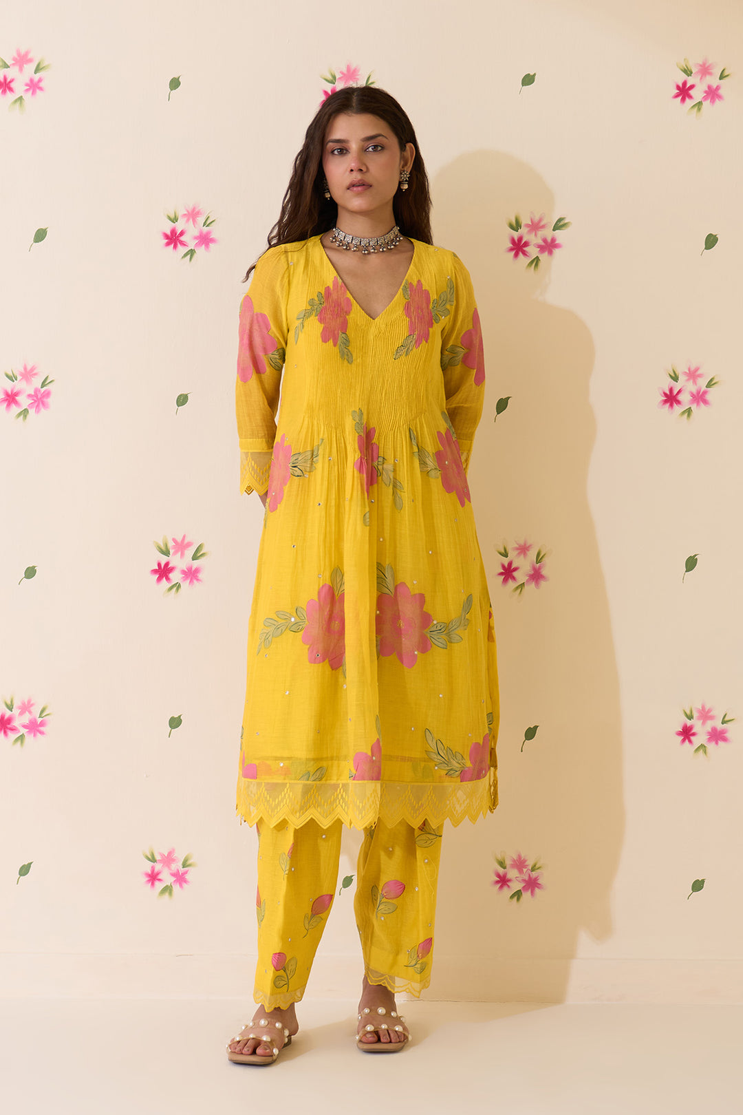 Mehraz Handpaint neon green pintuck kurta with salwar and dupatta (set of 3)