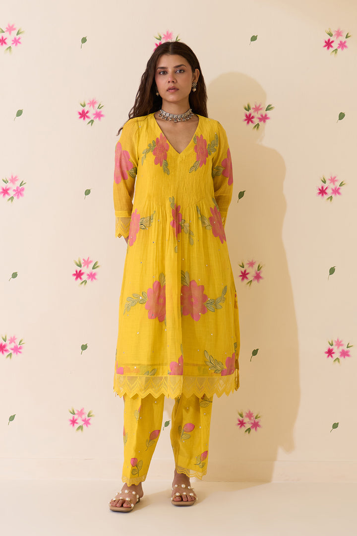 Mehraz Handpaint neon green pintuck kurta with salwar and dupatta (set of 3)